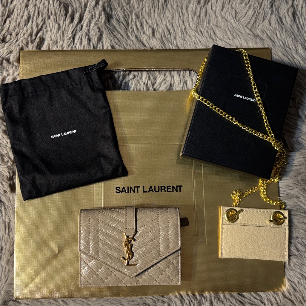 Saint Laurent Taupe Quilted Wallet With Gold Chain-Brand New